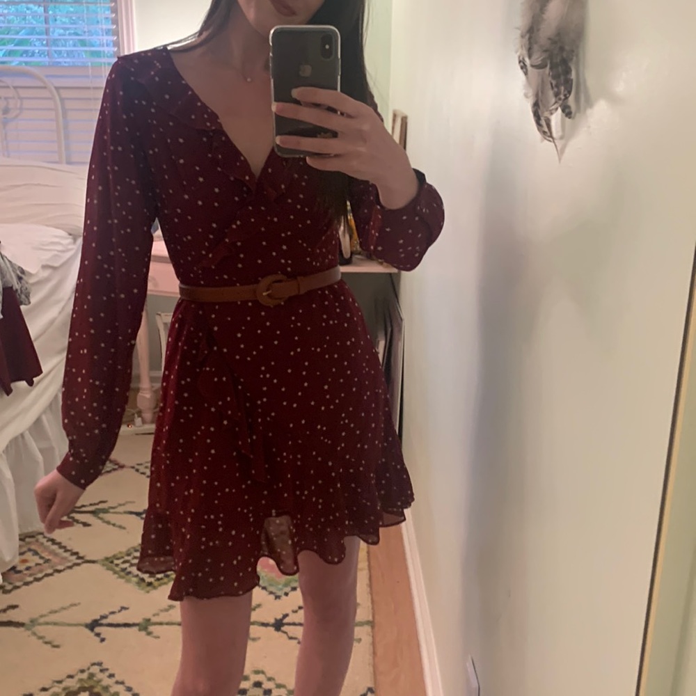 Shein long sleeve ruffle wrap side zip stars burgundy